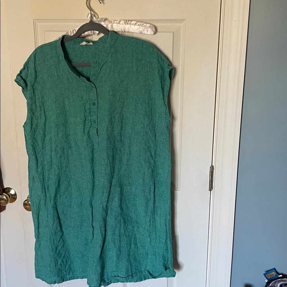 Eileen Fisher Turquoise Casual Button Down Shirt/ dress xl organic linen